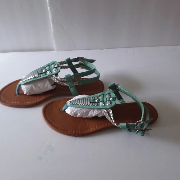 Aqua,Silver Slingback Sandals,Braided Double Silver/Aqua Straps/Buckles - Picture 7 of 10